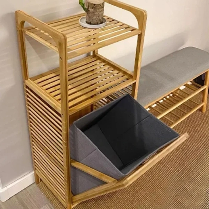 USLUCAN ALIŞVERİŞ 2 Organizer Raflı Ahşap Bambu Çek-Aç Kirli Sepeti