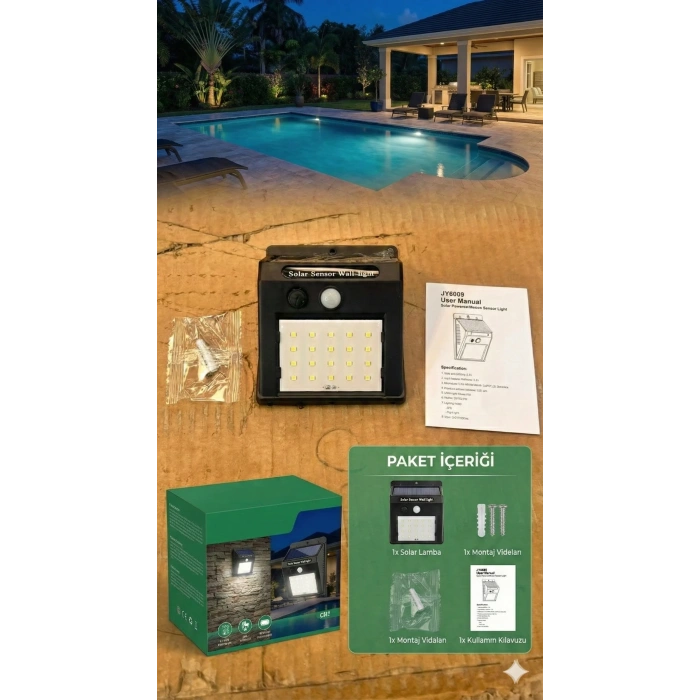 USLUCAN ALIŞVERİŞ 20 Ledli Hareket Sensörlü Dış Mekan Solar Lamba
