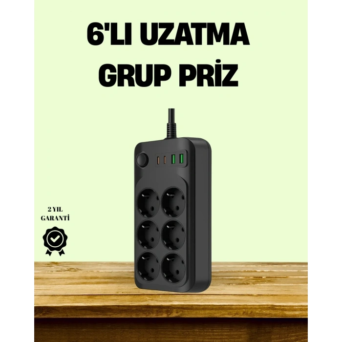 USLUCAN ALIŞVERİŞ 2500W Güçlü 6’lı Priz USB ve Type-C Çıkışlı Termal Korumalı