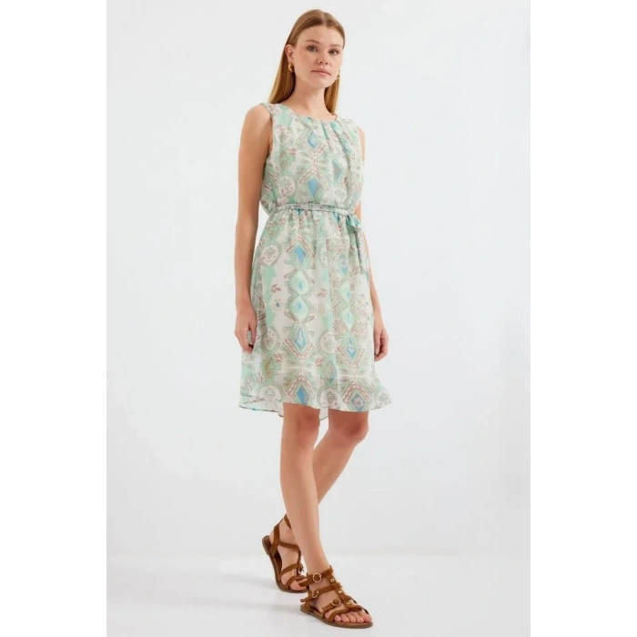 USLUCAN ALIŞVERİŞ 2501 Desenli Sıfır Kol Şifon Elbise - Mint