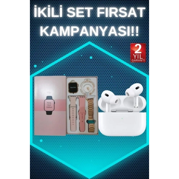 USLUCAN ALIŞVERİŞ 3 Kordonlu Pembe Amoled Ekran Akıllı Saat ve Yeni Nesil Pro Kablosuz Bluetooth Kulaklık ANC/ENC