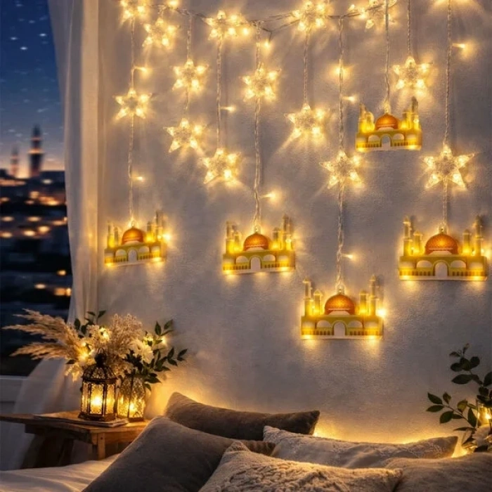 USLUCAN ALIŞVERİŞ 3 mt Fişli Sarı Cami Yıldız Ramazan Perde LED