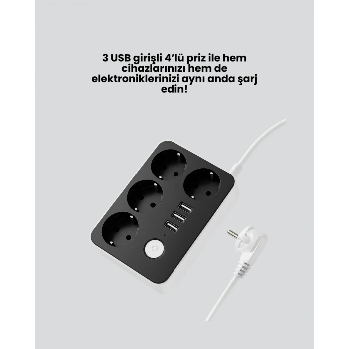 USLUCAN ALIŞVERİŞ 3 USB Çıkışlı 4’lü Akıllı Priz 2500W 2 Metre Kablo