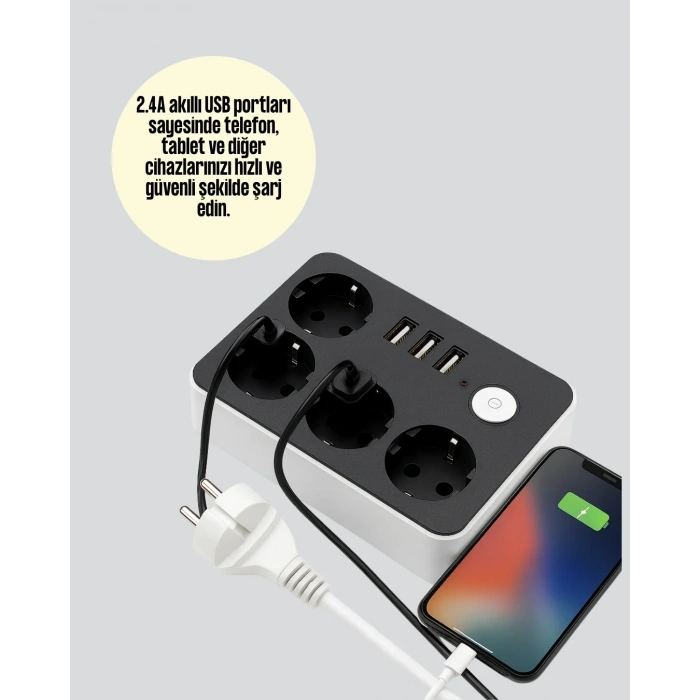 USLUCAN ALIŞVERİŞ 3 USB Çıkışlı 4’lü Akıllı Priz 2500W 2 Metre Kablo