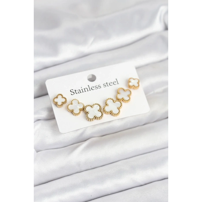 USLUCAN ALIŞVERİŞ 316L Çelik Gold Beyaz Renk 3 Boy Yonca Küpe Seti