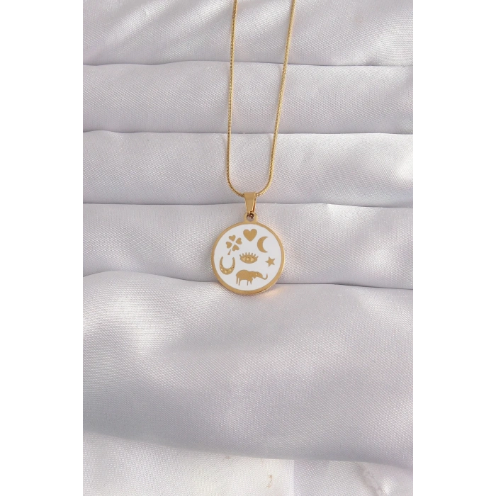 USLUCAN ALIŞVERİŞ 316L Çelik Gold Renk Beyaz Mineli Karışık Figürlü Tarot Kolye