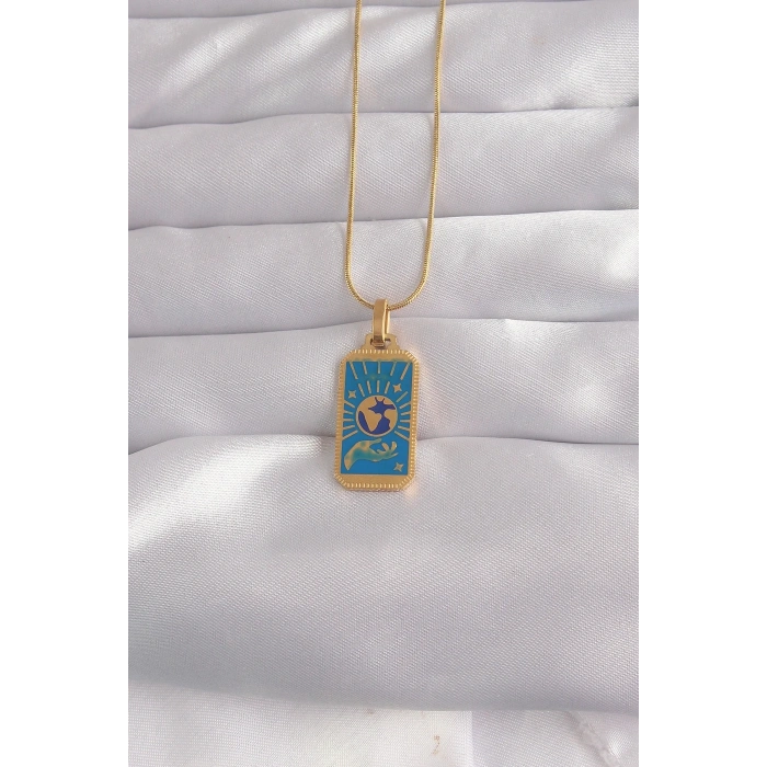 USLUCAN ALIŞVERİŞ 316L Çelik Gold Renk Mavi Mineli El Figür Tarot Kolye