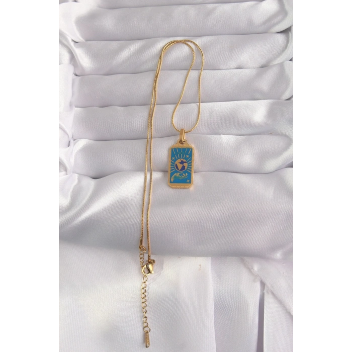 USLUCAN ALIŞVERİŞ 316L Çelik Gold Renk Mavi Mineli El Figür Tarot Kolye