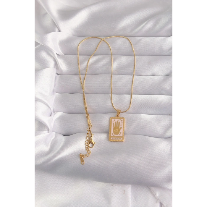 USLUCAN ALIŞVERİŞ 316L Çelik Gold Renk Pembe Mineli El Figür Tarot Kolye