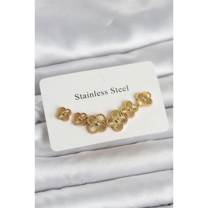 USLUCAN ALIŞVERİŞ 316L Çelik Gold Renk Yonca Küpe Seti