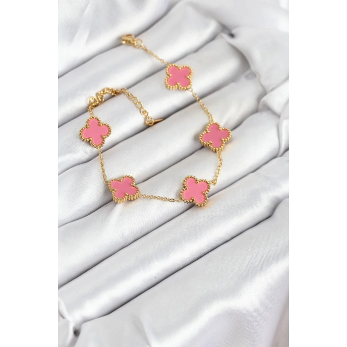 USLUCAN ALIŞVERİŞ 316L Çelik Gold Zincir Pembe Yonca Renk Bileklik