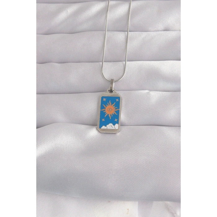 USLUCAN ALIŞVERİŞ 316L Çelik Gümüş Renk Mavi Mineli Güneş Model Tarot Kolye