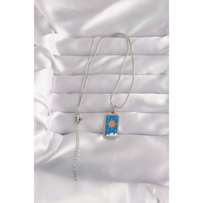USLUCAN ALIŞVERİŞ 316L Çelik Gümüş Renk Mavi Mineli Güneş Model Tarot Kolye