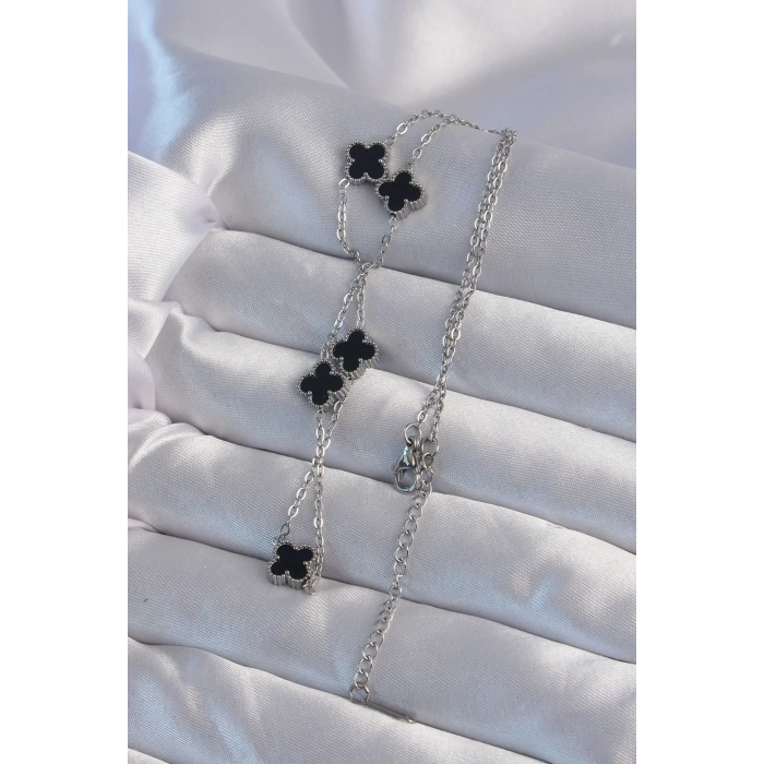 USLUCAN ALIŞVERİŞ 316L Çelik Gümüş Renk Minimal Siyah Mineli Yonca Kolye