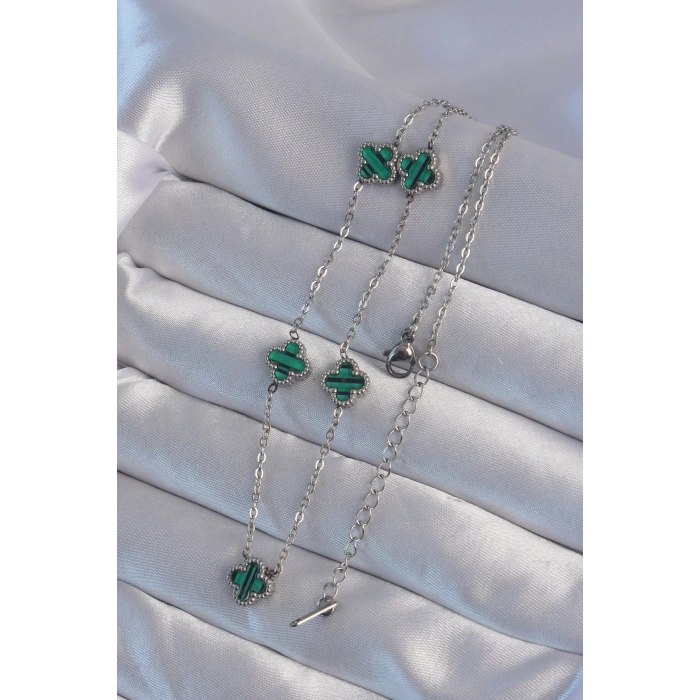 USLUCAN ALIŞVERİŞ 316L Çelik Gümüş Renk Minimal Yeşil Mineli Yonca Kolye