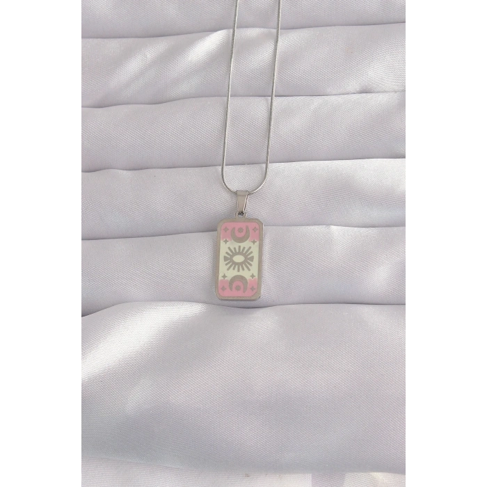 USLUCAN ALIŞVERİŞ 316L Çelik Gümüş Renk Pembe Mineli Ay Figür Tarot Kolye