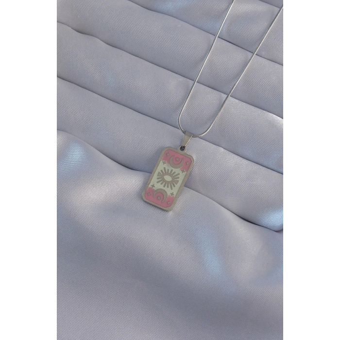 USLUCAN ALIŞVERİŞ 316L Çelik Gümüş Renk Pembe Mineli Ay Figür Tarot Kolye