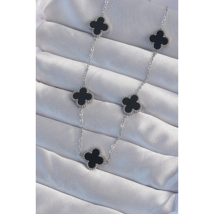 USLUCAN ALIŞVERİŞ 316L Çelik Gümüş Renk Siyah Mineli Yonca Kolye