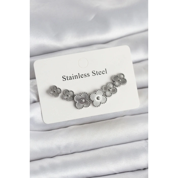 USLUCAN ALIŞVERİŞ 316L Çelik Gümüş Renk Yonca Küpe Seti