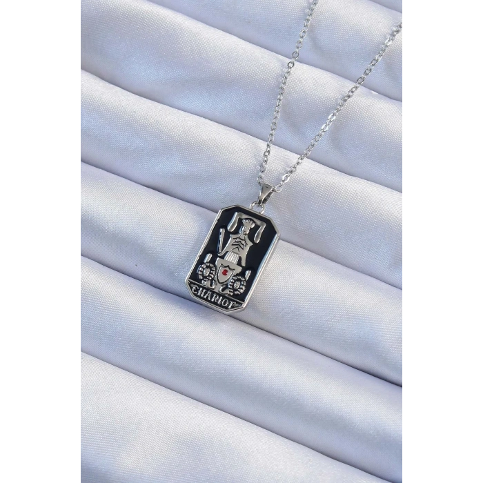 USLUCAN ALIŞVERİŞ 316L Çelik Zincir Gümüş Renk Siyah Mineli Tarot Kolye