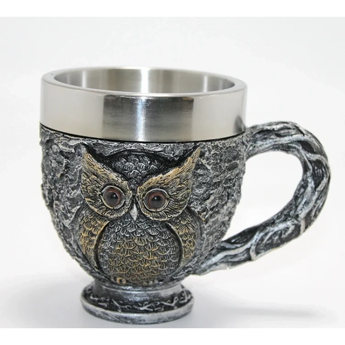 USLUCAN ALIŞVERİŞ 3D Kabartmalı Baykuş Büstü Paslanmaz Çelik Kupa Bardak