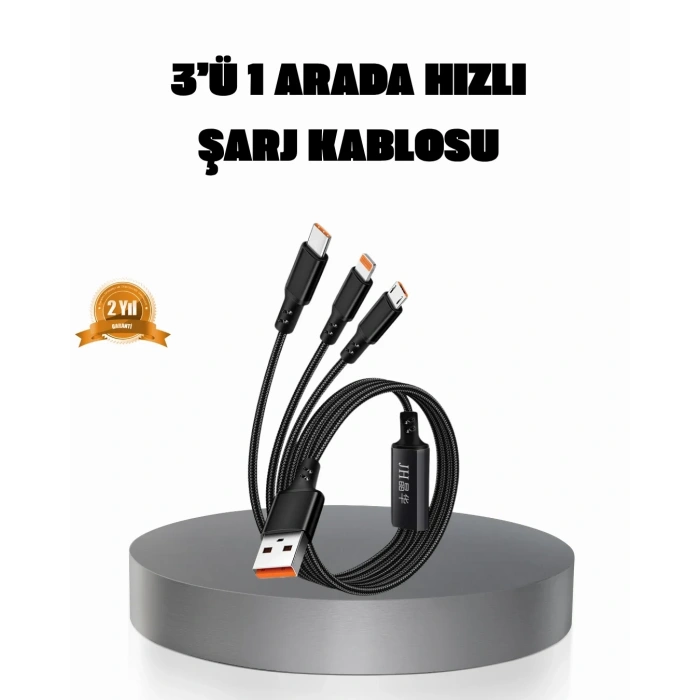 USLUCAN ALIŞVERİŞ 3’ü 1 Arada Şarj Kablosu Type-C iOS Android Uyumlu Hızlı ve Güvenli Şarj