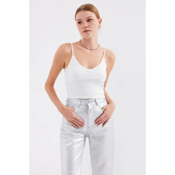 USLUCAN ALIŞVERİŞ 918 İp Askılı Crop Top - Beyaz