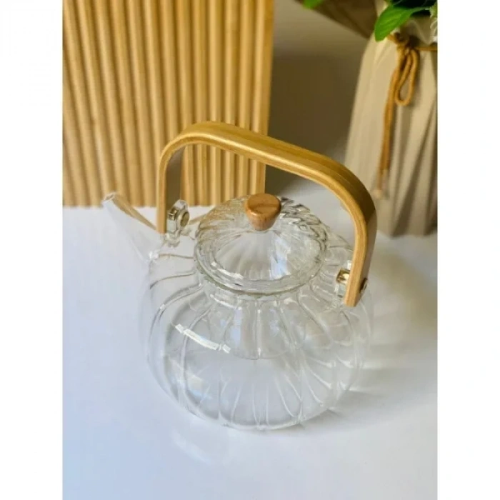 USLUCAN ALIŞVERİŞ Ahşap Saplı Cam Çizgili Demlik