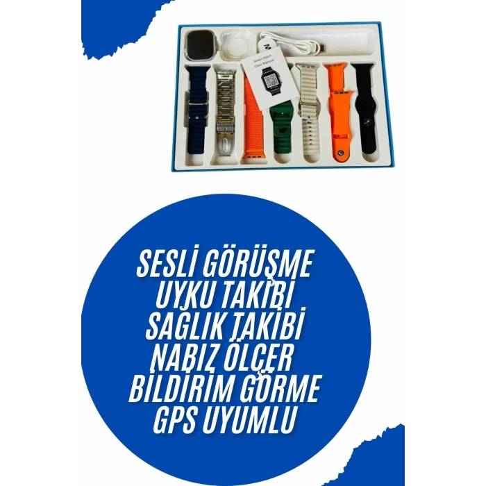 USLUCAN ALIŞVERİŞ Akıllı Saat 7 Kordon Hediyeli Takvim Alarm Nabız Ölçer Bildirim Görme Sesli Görüşme