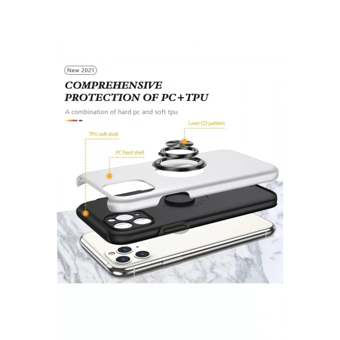 USLUCAN ALIŞVERİŞ Apple iPhone 11 Pro Max Kılıf Elit Yüzüklü Kapak - Gümüş