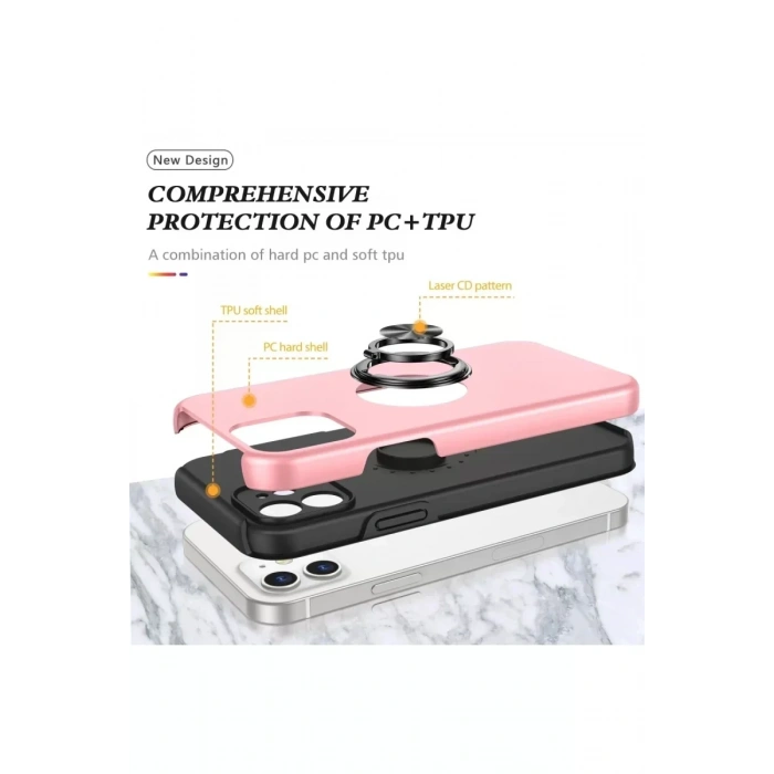 USLUCAN ALIŞVERİŞ Apple iPhone 12 Kılıf Elit Yüzüklü Kapak - Pembe