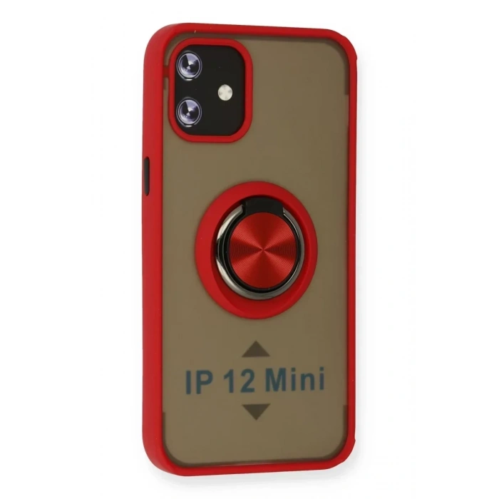 USLUCAN ALIŞVERİŞ Apple iPhone 12 Kılıf Montreal Yüzüklü Silikon Kapak - Kırmızı