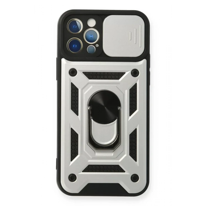 USLUCAN ALIŞVERİŞ Apple iPhone 12 Pro Kılıf Pars Lens Yüzüklü Silikon - Gümüş