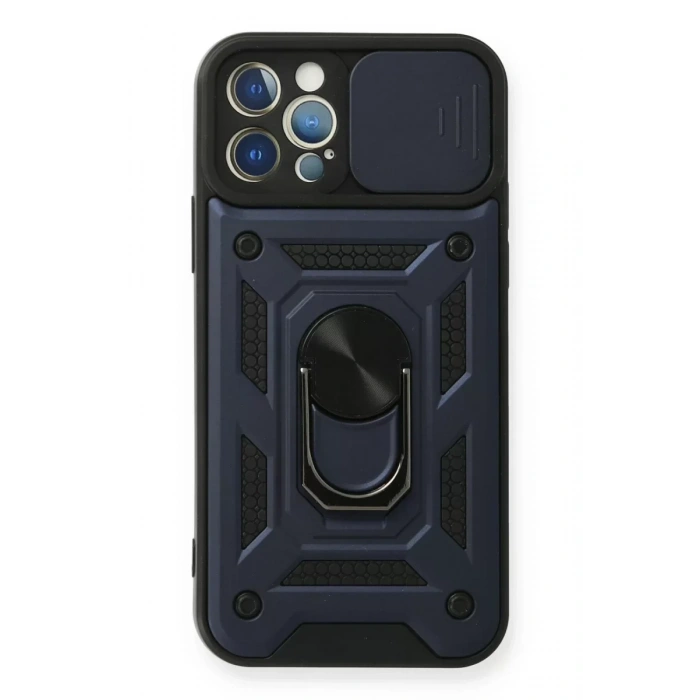 USLUCAN ALIŞVERİŞ Apple iPhone 12 Pro Kılıf Pars Lens Yüzüklü Silikon - Lacivert