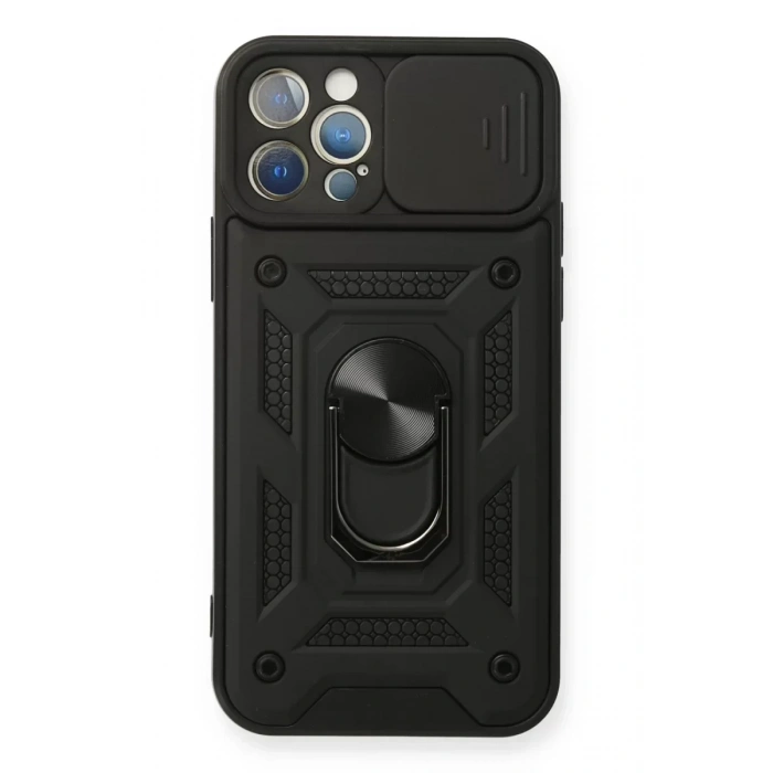 USLUCAN ALIŞVERİŞ Apple iPhone 12 Pro Kılıf Pars Lens Yüzüklü Silikon - Siyah