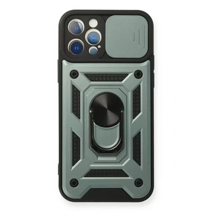 USLUCAN ALIŞVERİŞ Apple iPhone 12 Pro Kılıf Pars Lens Yüzüklü Silikon - Yeşil