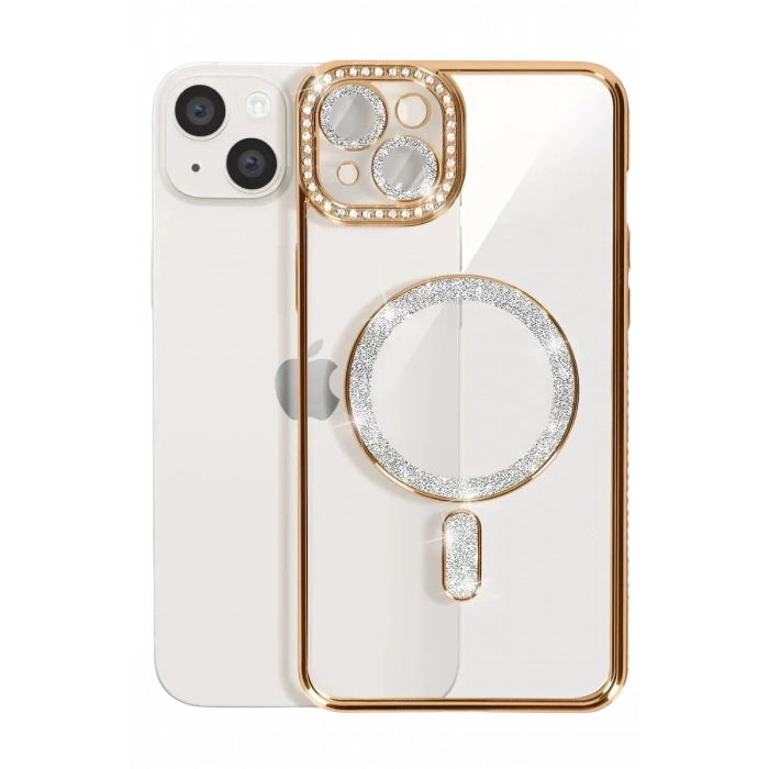 USLUCAN ALIŞVERİŞ Apple iPhone 14 Kılıf Joke Simli Magneticsafe Kılıf - Gold