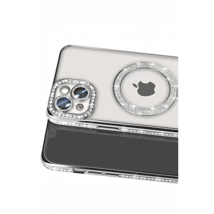 USLUCAN ALIŞVERİŞ Apple iPhone 14 Kılıf Joke Simli Magneticsafe Kılıf - Gümüş