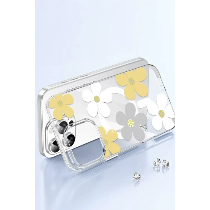 USLUCAN ALIŞVERİŞ Apple iPhone 15 Pro Max Floral Magsafe Kapak - Turuncu