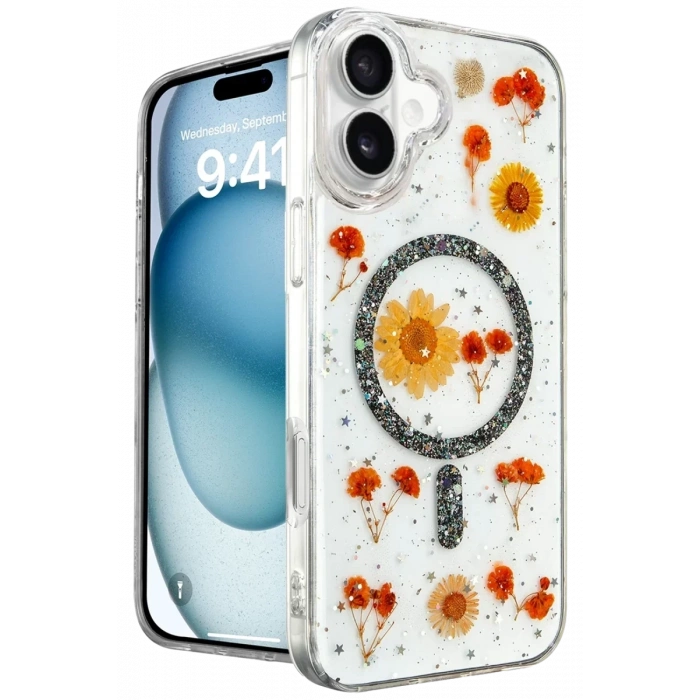 USLUCAN ALIŞVERİŞ Apple iPhone 16 Kılıf Daisy Simli Magsafe Kapak - Siyah
