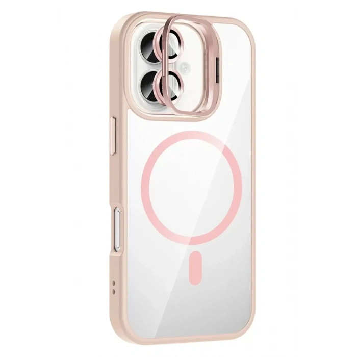 USLUCAN ALIŞVERİŞ Apple iPhone 16 Plus Remim Lensli Magsafe Standlı Kapak - Pembe