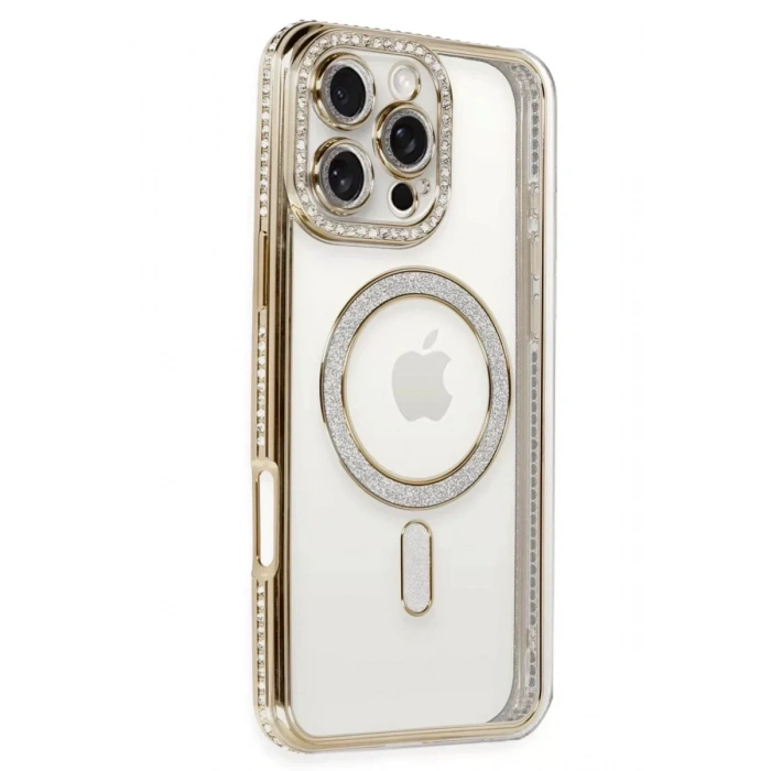 USLUCAN ALIŞVERİŞ Apple iPhone 16 Pro Kılıf Joke Simli Magneticsafe Kılıf - Gold