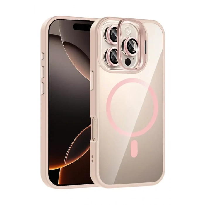 USLUCAN ALIŞVERİŞ Apple iPhone 16 Pro Max Remim Lensli Magsafe Standlı Kapak - Pembe