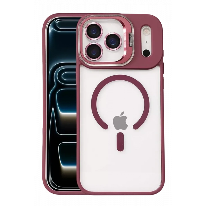 USLUCAN ALIŞVERİŞ Apple iPhone 17 Pro Max Remim Lensli Magsafe Standlı Kapak - Bordo