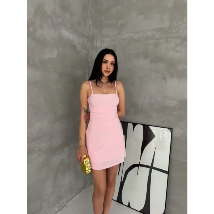 USLUCAN ALIŞVERİŞ Askılı Şifon Mini Elbise Drapeli Bel Vücuda Oturan Yazlık Şık - Pembe