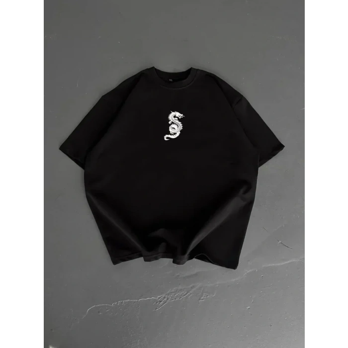 USLUCAN ALIŞVERİŞ Baskılı Oversize Bisiklet Yaka T-shirt - Siyah