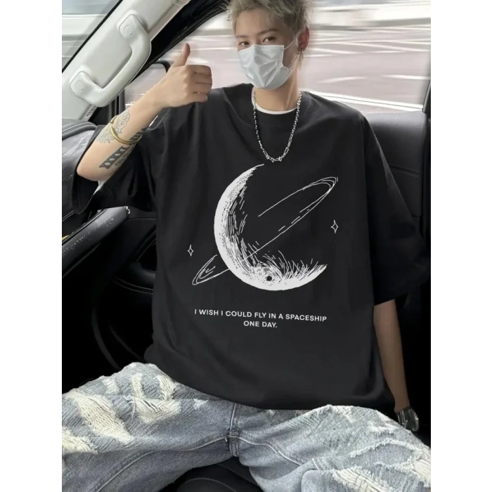 USLUCAN ALIŞVERİŞ Baskılı Oversize Bisiklet Yaka T-shirt - Siyah