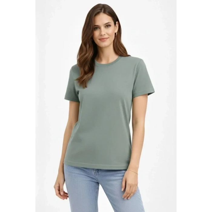 USLUCAN ALIŞVERİŞ Bisiklet Yaka Tişört Regular Kalıp Basic Pamuklu Günlük Kullanım T-shirt - Mint Yeşili