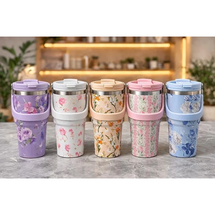 USLUCAN ALIŞVERİŞ Çiçek Desenli 700 ml Taşıma Kulplu Paslanmaz Çelik Termos Mug Bardak