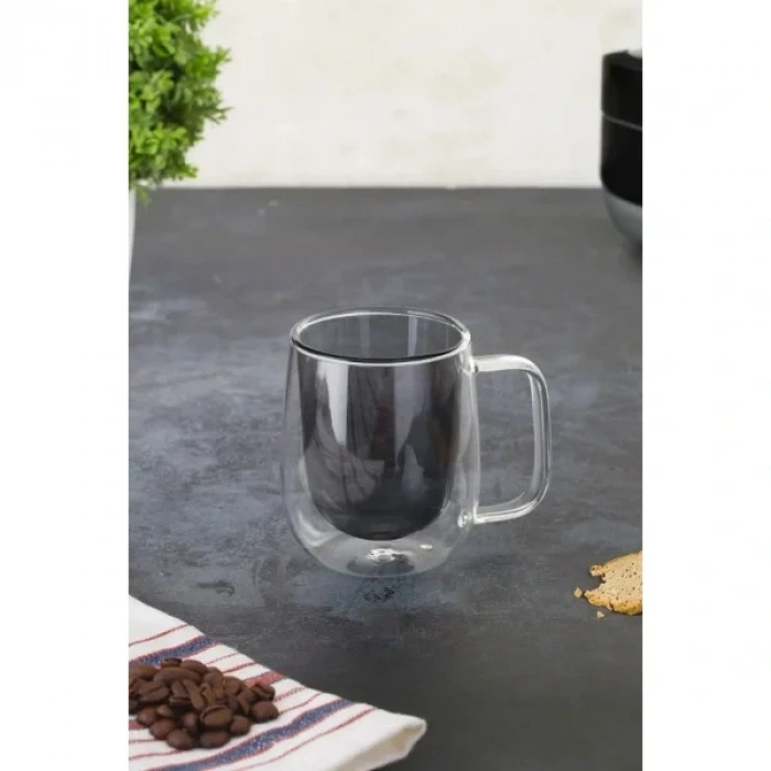USLUCAN ALIŞVERİŞ Çift Cidarlı Cam Kupa Gri Renk